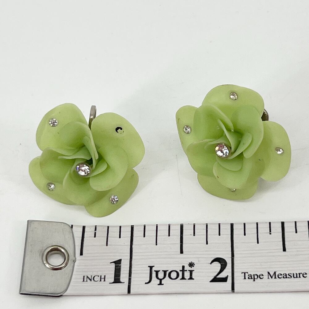 Vintage MCM Screw Back Earrings Floret Lime Green Rhinestone Plastic Flower READ